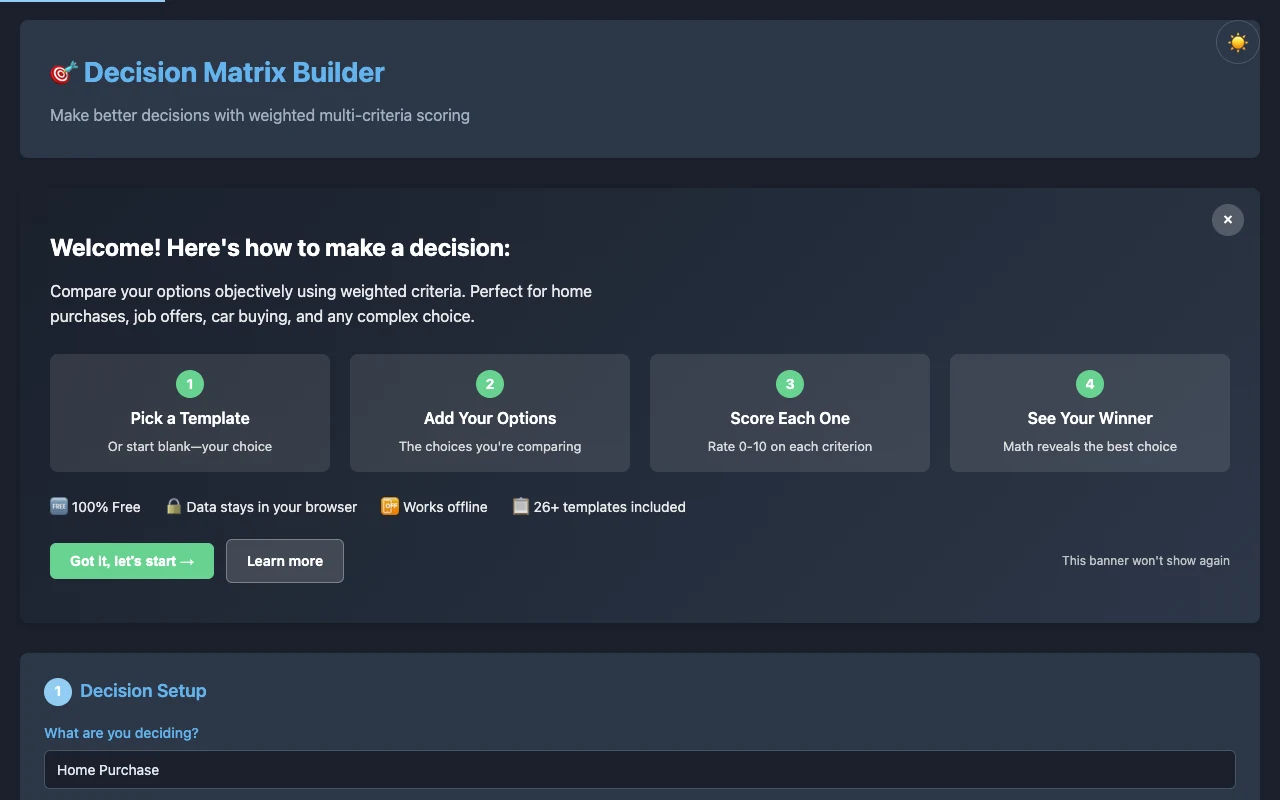 Vitsi Decision Matrix screenshot